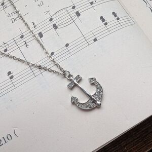 Silver Anchor Pendant Necklace with Crystal Accents - Women's Jewelry